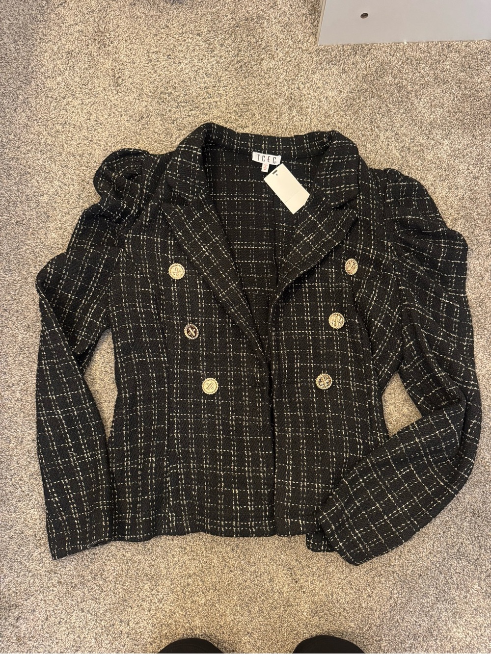 TCEC Black Tweed Double-Breasted Puff Shoulder Jacket with Gold Buttons